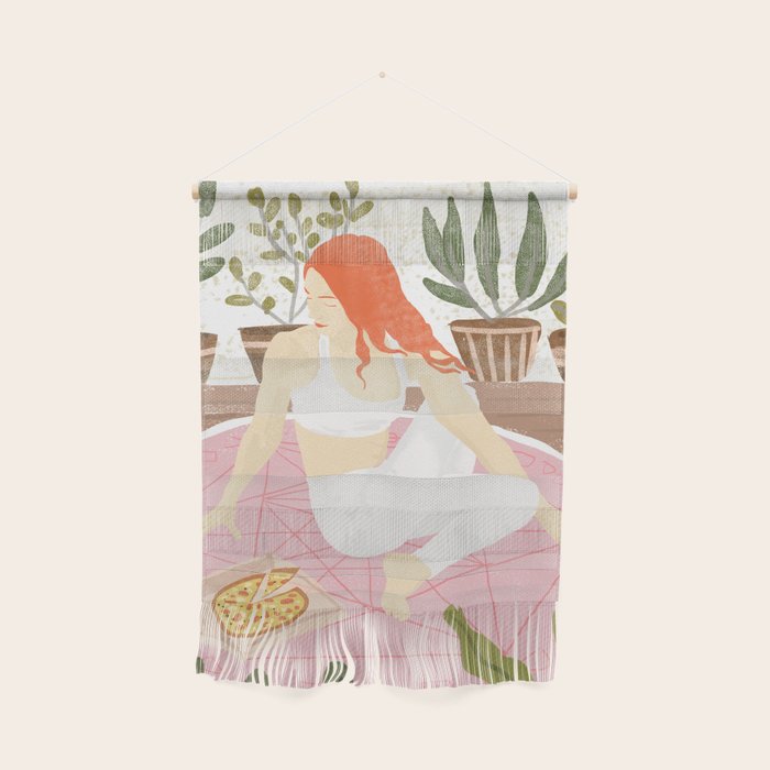 Yoga + Pizza, Red Head Woman Work Out Stay At Home, Ginger Plant Lady Home Decor Food Illustration Wall Hanging