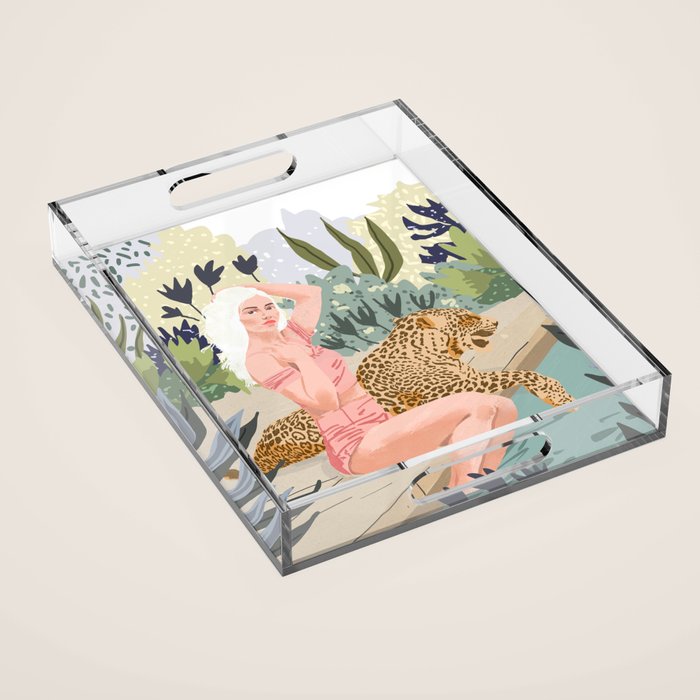 How To Train Your Leopard, Wild Cat Bohemian Woman Painting, Swimming Pool Bikini Summer Swim Animal Acrylic Tray