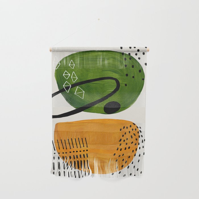 Mid Century Modern Abstract Colorful Art Patterns Olive Green Yellow Ochre Orbit Geometric Objects Wall Hanging