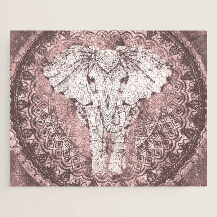 Bohemian, Elephant, Mandala, Blush, Moon Jigsaw Puzzle