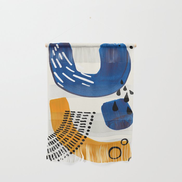 Fun Colorful Abstract Mid Century Minimalist Navy Blue Yellow Organic Shapes Water Drops Patterns Wall Hanging