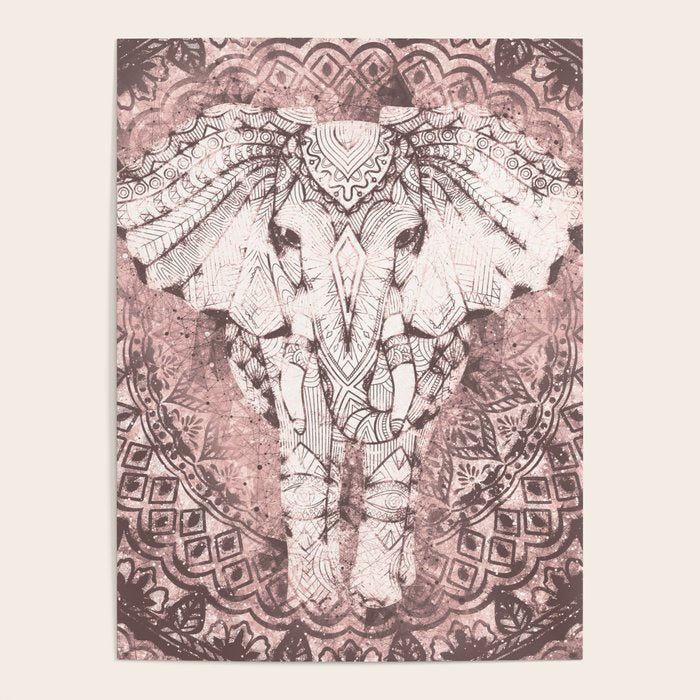 Bohemian, Elephant, Mandala, Blush, Moon Poster
