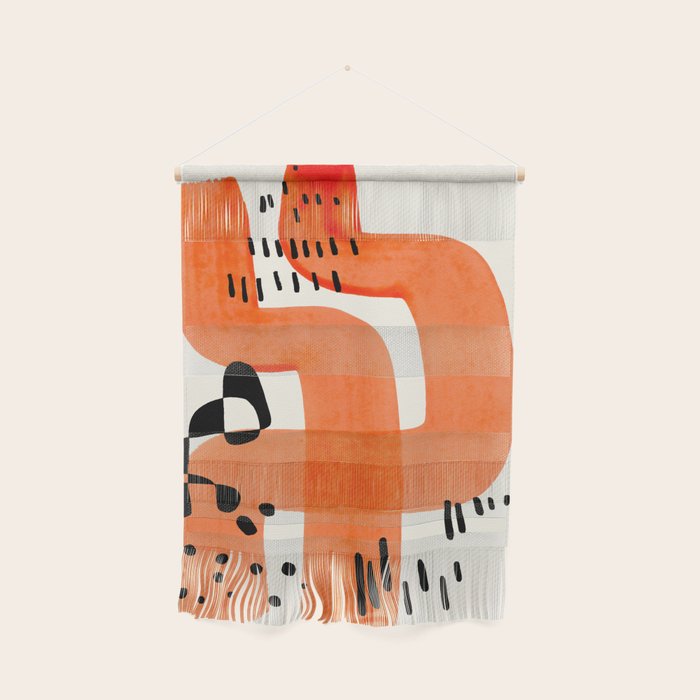 Fun Abstract Minimalist Mid Century Modern Orange Brush Strokes Watercolor Black Pattern Wall Hanging