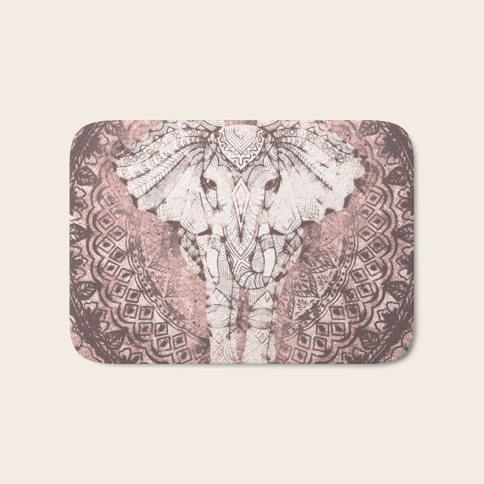 Bohemian, Elephant, Mandala, Blush, Moon Bath Mat