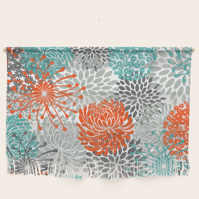 Orange And Teal Floral Abstract Print Wall Hanging