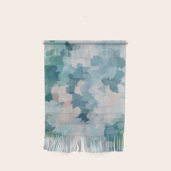 Flowers In The Wind I - Mint Green Sky Blue Teal Blush Pink Abstract Nature Spring Blossom Painting Wall Hanging