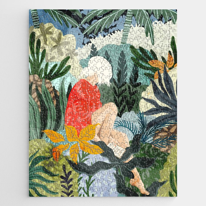 The Distracted Reader | Mindfulness Solo Travel | Bohemian Jungle Botanical Mood | Nature Book Lady Jigsaw Puzzle