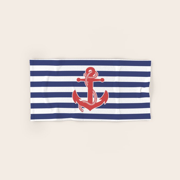 Retro Navy Anchor And Stripes Pattern 222 Red White And Blue Bath Towel