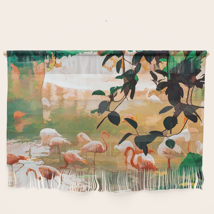 Flamingo Sighting, Jungle Nature Wildlife Birds Painting, Animals Forest Safari Illustration Wall Hanging