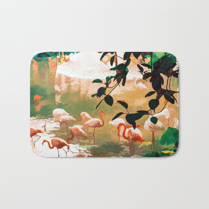 Flamingo Sighting, Jungle Nature Wildlife Birds Painting, Animals Forest Safari Illustration Bath Mat