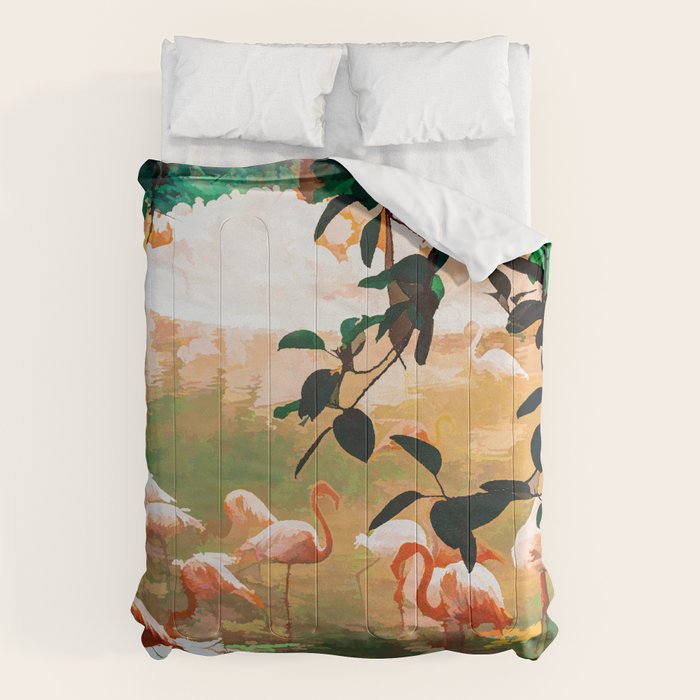 Flamingo Sighting, Jungle Nature Wildlife Birds Painting, Animals Forest Safari Illustration Comforter