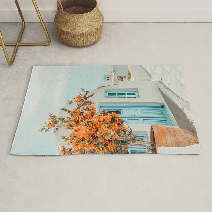 Greece Airbnb, Greece Photography Travel Digital Art, Scenic Landscape Architecture, White Building Rug