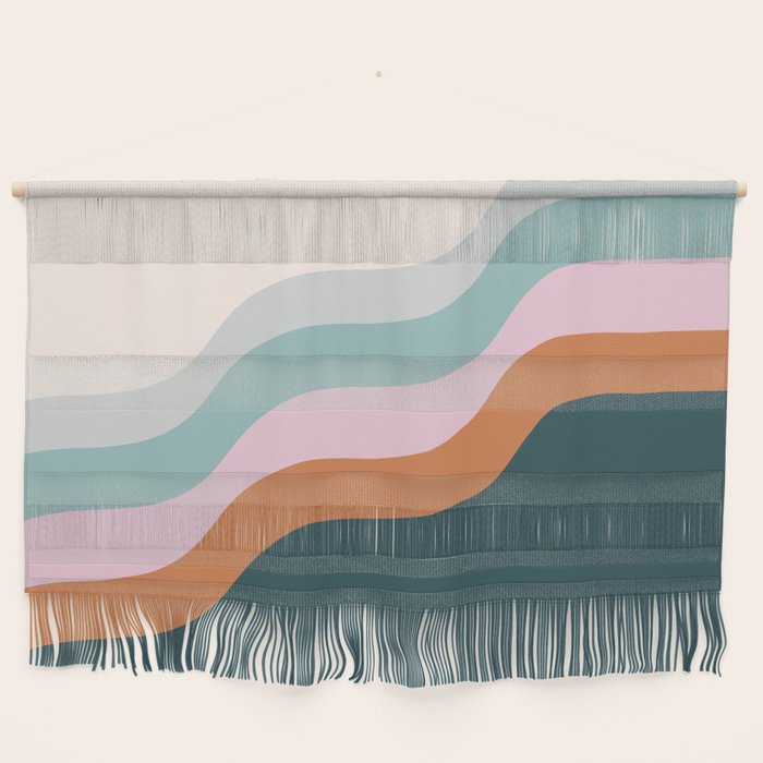 Abstract Diagonal Waves In Teal, Terracotta, And Pink Wall Hanging