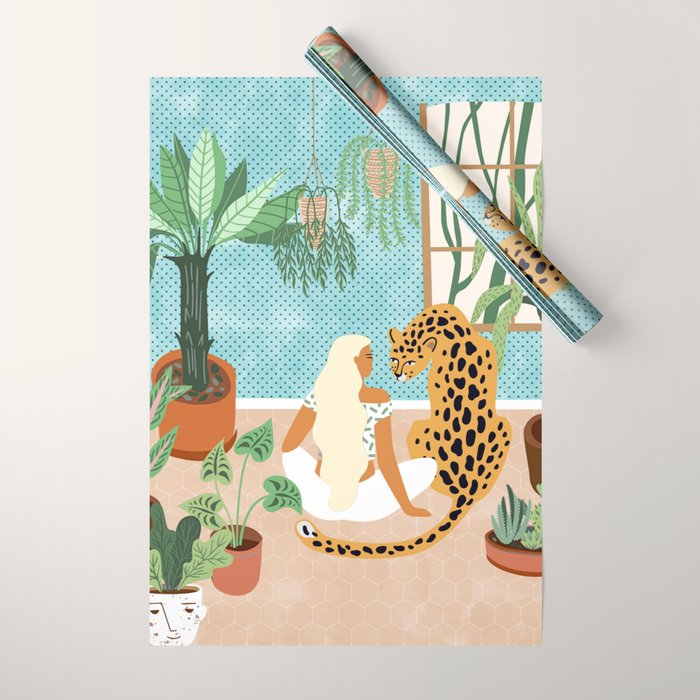 Urban Jungle Illustration, Tiger Home Decor, Woman & Modern Bohemian Wildlife Painting Wrapping Paper