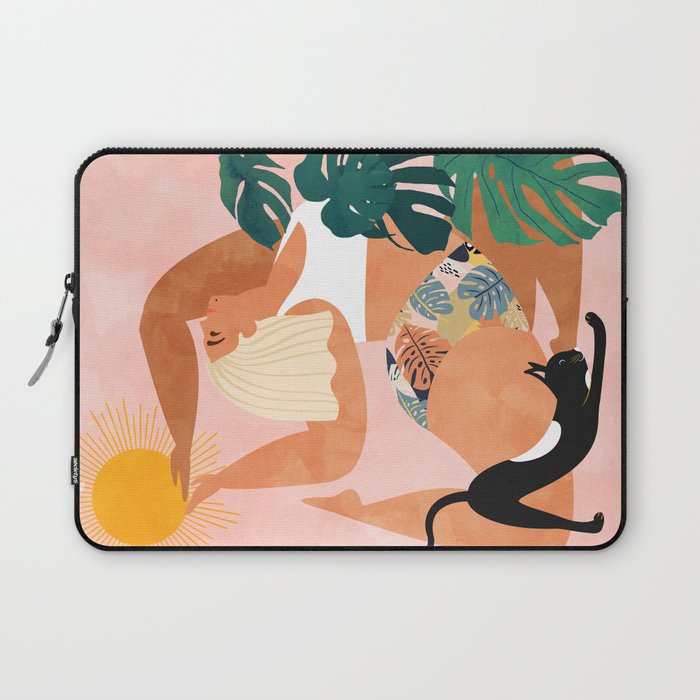 Tropical Yoga, Bohemian Woman Cat Pet Monstera Watercolor Painting, Blonde Quirky Illustration Laptop Sleeve