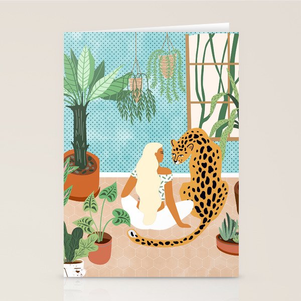 Urban Jungle Illustration, Tiger Home Decor, Woman & Modern Bohemian Wildlife Painting Stationery Card