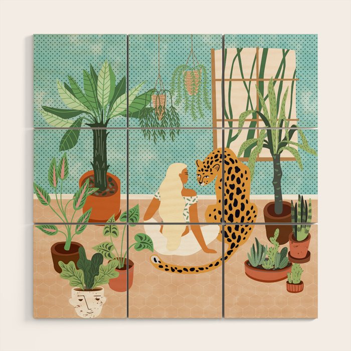 Urban Jungle Illustration, Tiger Home Decor, Woman & Modern Bohemian Wildlife Painting Wood Wall Art