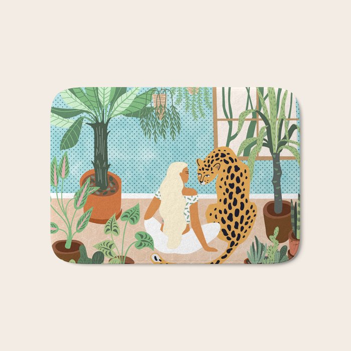 Urban Jungle Illustration, Tiger Home Decor, Woman & Modern Bohemian Wildlife Painting Bath Mat