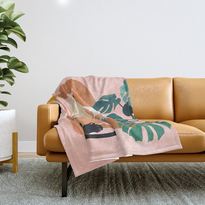 Tropical Yoga, Bohemian Woman Cat Pet Monstera Watercolor Painting, Blonde Quirky Illustration Throw Blanket