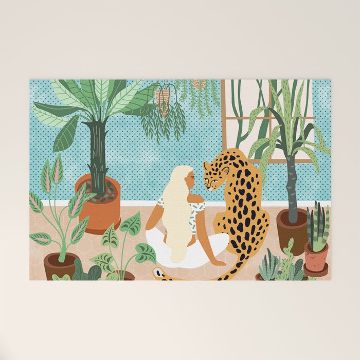 Urban Jungle Illustration, Tiger Home Decor, Woman & Modern Bohemian Wildlife Painting Welcome Mat