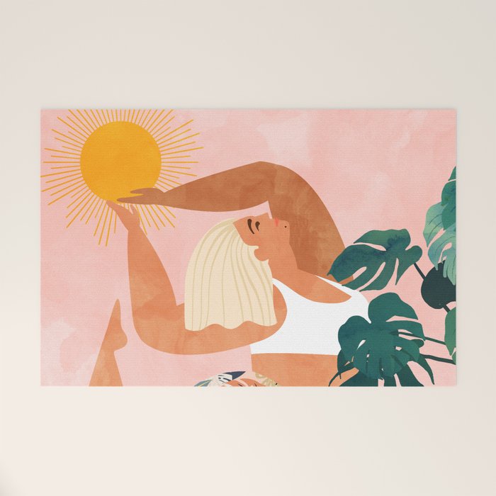 Tropical Yoga, Bohemian Woman Cat Pet Monstera Watercolor Painting, Blonde Quirky Illustration Welcome Mat