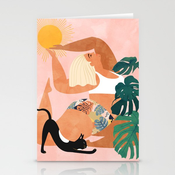 Tropical Yoga, Bohemian Woman Cat Pet Monstera Watercolor Painting, Blonde Quirky Illustration Stationery Card