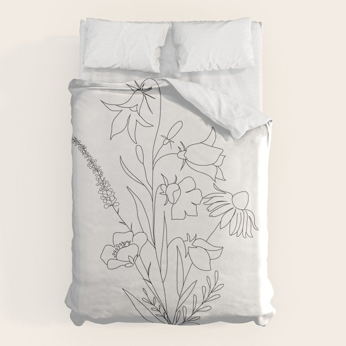 Small Wildflowers Minimalist Line Art Duvet Cover