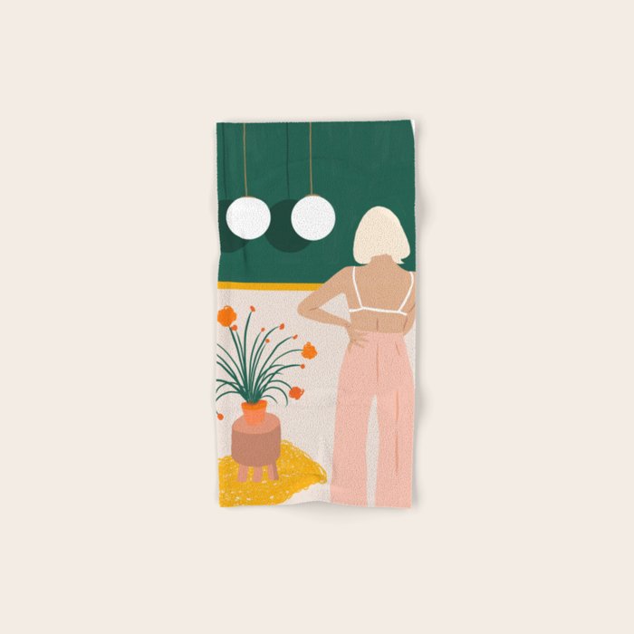 Texting, Millennial Woman Young Bohemian High Fashion Love Pastel Home Decor Blush Bath Towel
