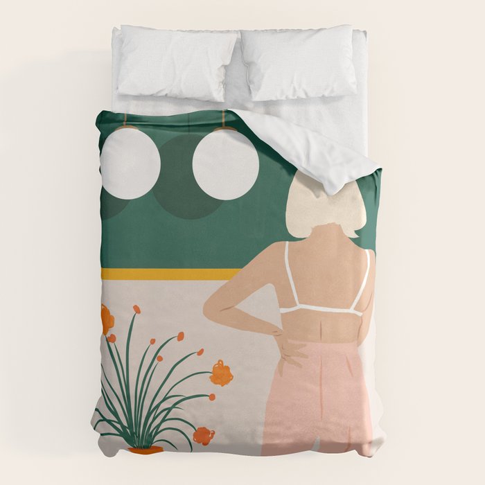 Texting, Millennial Woman Young Bohemian High Fashion Love Pastel Home Decor Blush Duvet Cover
