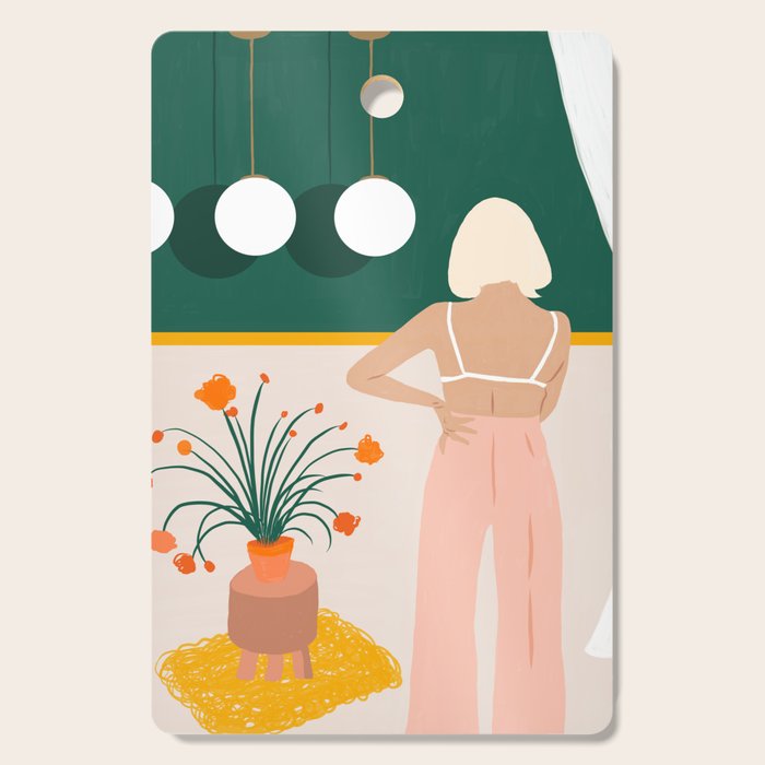 Texting, Millennial Woman Young Bohemian High Fashion Love Pastel Home Decor Blush Cutting Board