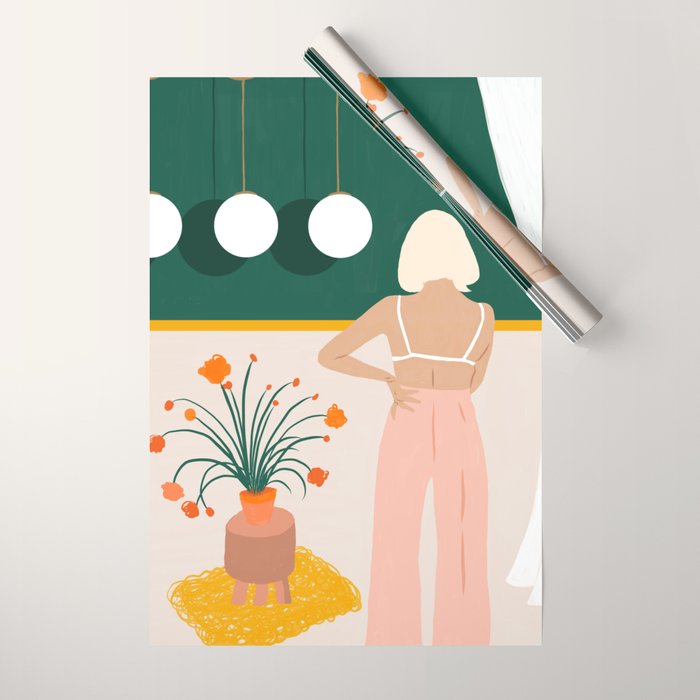 Texting, Millennial Woman Young Bohemian High Fashion Love Pastel Home Decor Blush Wrapping Paper