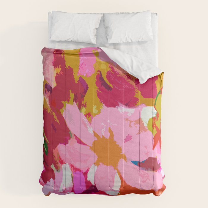 Abstracted Flower Painting In Hot Pink, Red, Spring Green Comforter