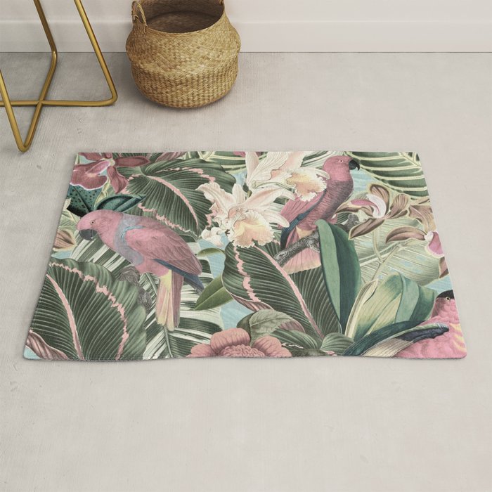 Vintage & Shabby Chic - Sepia Pink Tropical Bird Summer Garden Rug