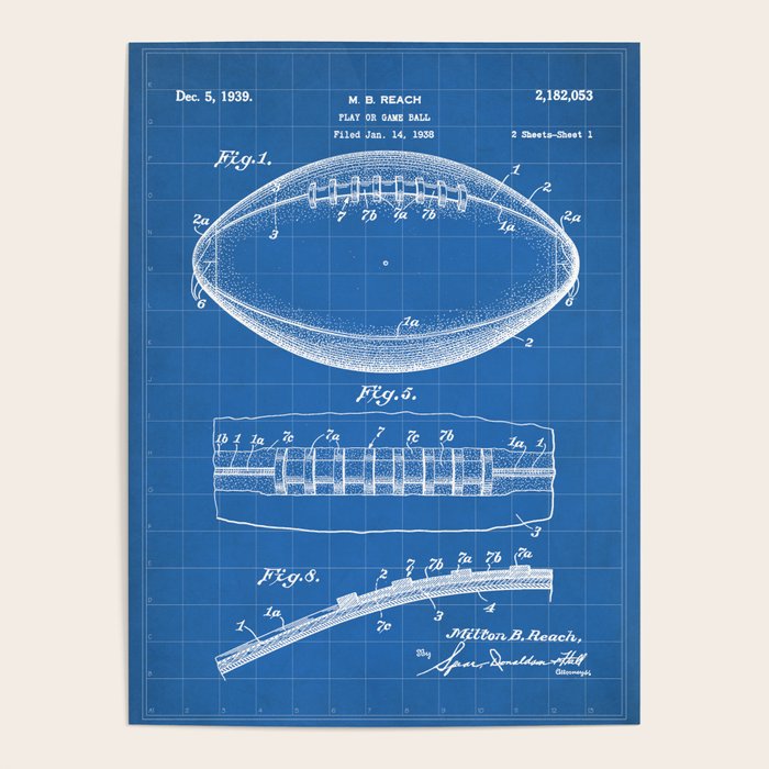 Football Patent - American Football Art - Blueprint Poster