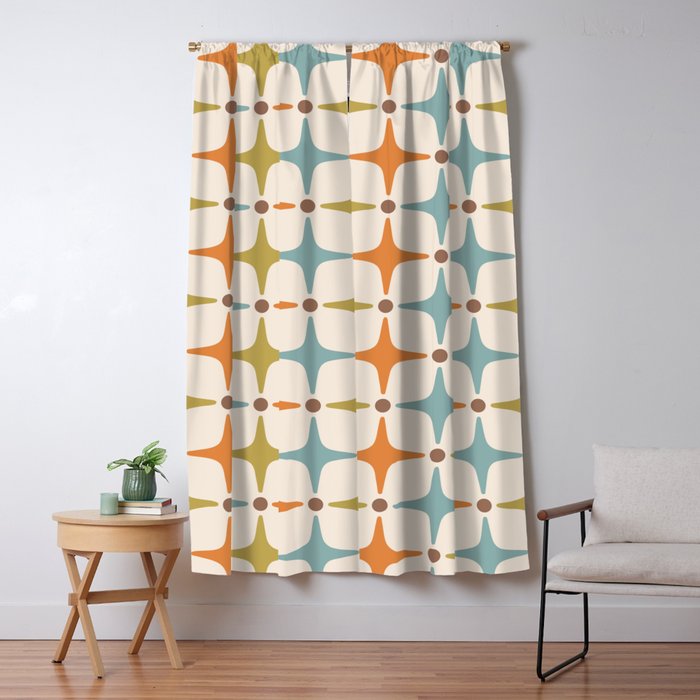 Mid Century Modern Star Pattern 817 Orange Brown Blue And Olive Green Window Curtain