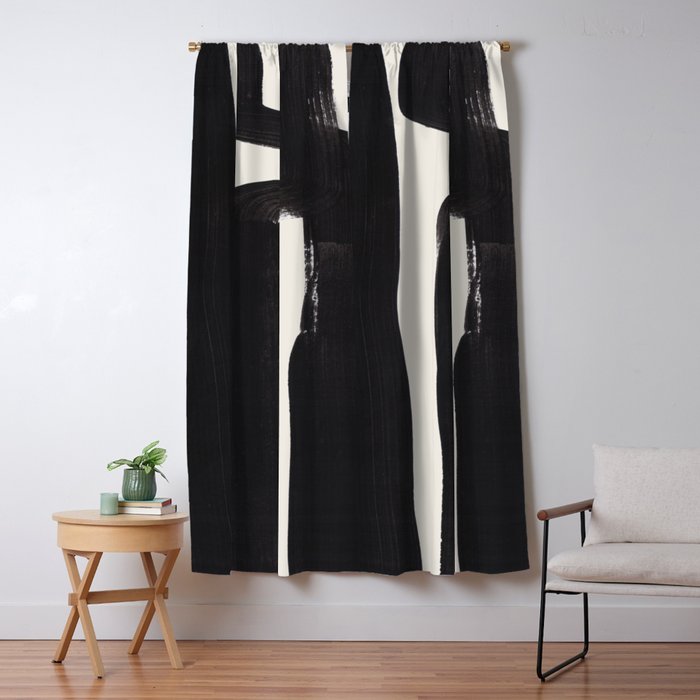 Mid Century Modern Minimalist Abstract Art Brush Strokes Black & White Ink Art Ancient Stripes Window Curtain