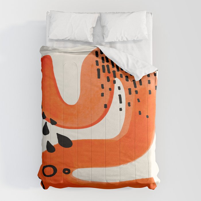 Mid Century Modern Abstract Minimalist Fun Colorful Shapes Patterns Orange Brush Stroke Watercolor Comforter