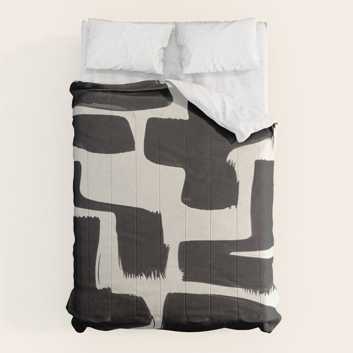 Mid Century Modern Minimalist Abstract Art Brush Strokes Black & White Ink Art Shapes Comforter
