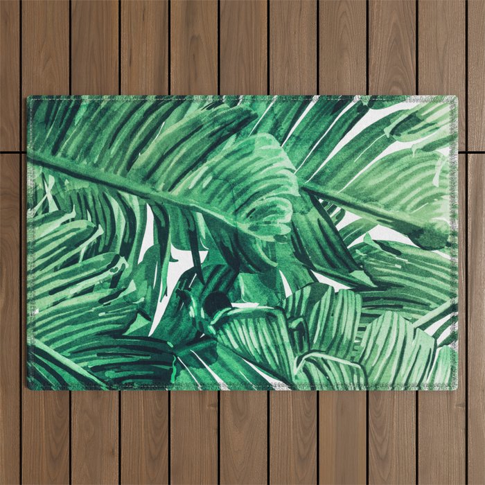Tropical State Of Mind | Watercolor Palm Banana Leaves Painting | Botanical Jungle Bohemian Plants Outdoor Rug