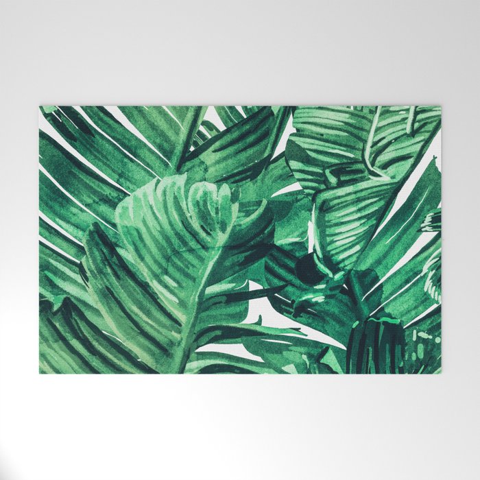 Tropical State Of Mind | Watercolor Palm Banana Leaves Painting | Botanical Jungle Bohemian Plants Welcome Mat