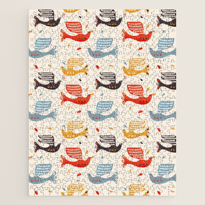 Festive Birds Retro Pattern Jigsaw Puzzle