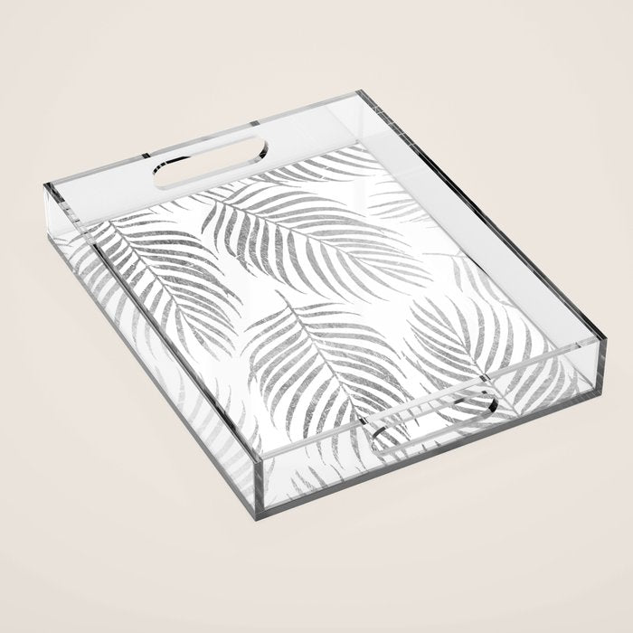 Chic Elegant Silver Foil Palm Tree Leaves Acrylic Tray