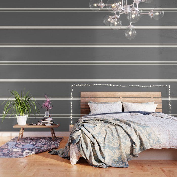 Grey Solid With Treble Ivory Stripes Minimalist Color Block Pattern Wallpaper