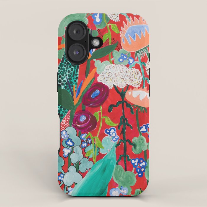 Red Floral Jungle Garden Botanical Featuring Proteas, Reeds, Eucalyptus, Ferns And Birds Of Paradise Iphone Case