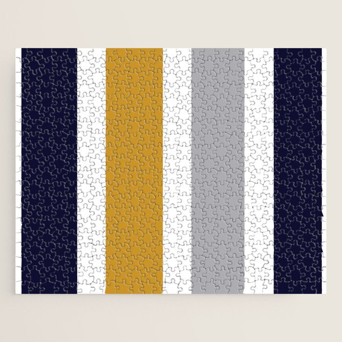 Quattro Stripe Minimalist Broad Stripe Color Block Pattern In Mustard Yellow, Navy Blue, Gray, White Jigsaw Puzzle