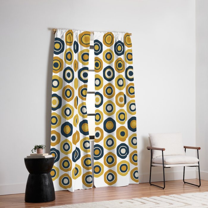Buttons. Cute Geometric Pattern In Mustard Yellows, Blue, And Taupe On White Window Curtain