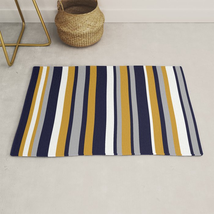 Modern Stripes In Mustard Yellow, Navy Blue, Gray, And White. Minimalist Color Block Rug