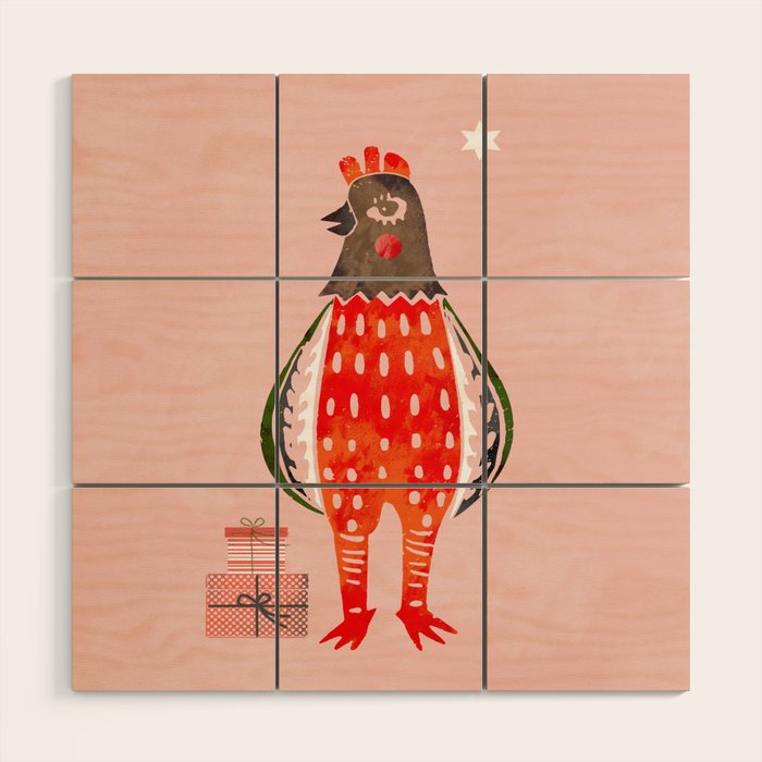 Christmas Chicken - Illustration Wood Wall Art