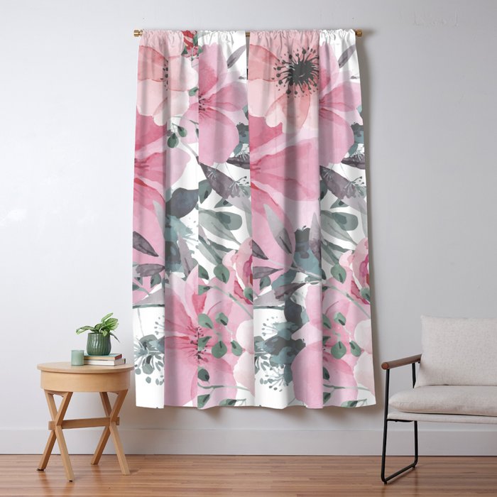 Floral Watercolor, Pink And Gray, Watercolor Print Window Curtain