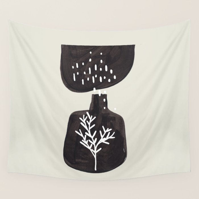 Mid Century Minimalist Black Ink Tribal Vase Abstract Vase Shapes Floral Plant Wall Tapestry